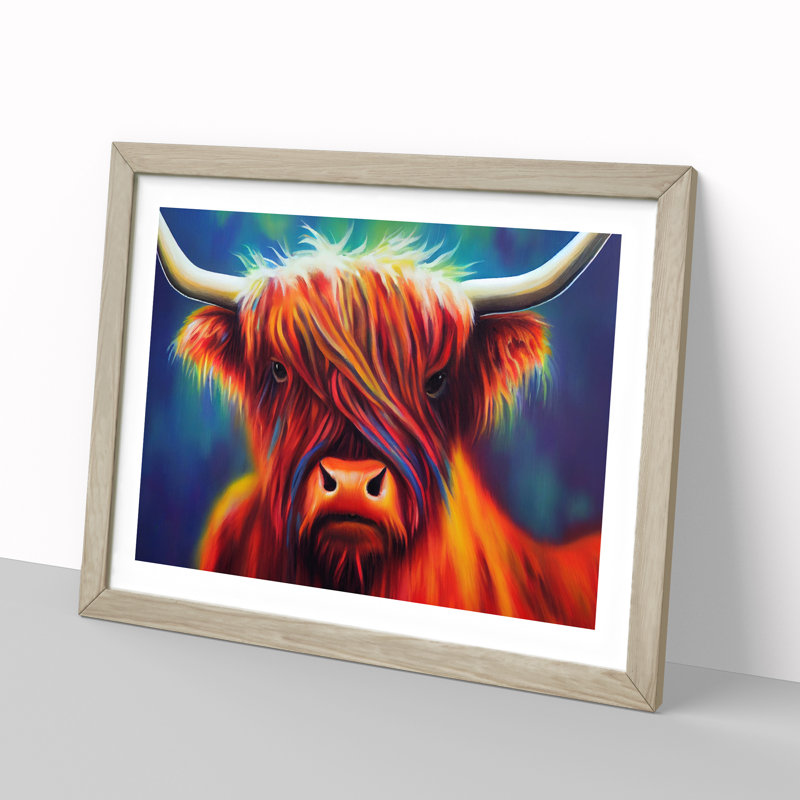 Colourful Highland Cow Vol.2 - Single Picture Frame Painting, 25cm H x 34cm W x 2cm D, Oak Framed