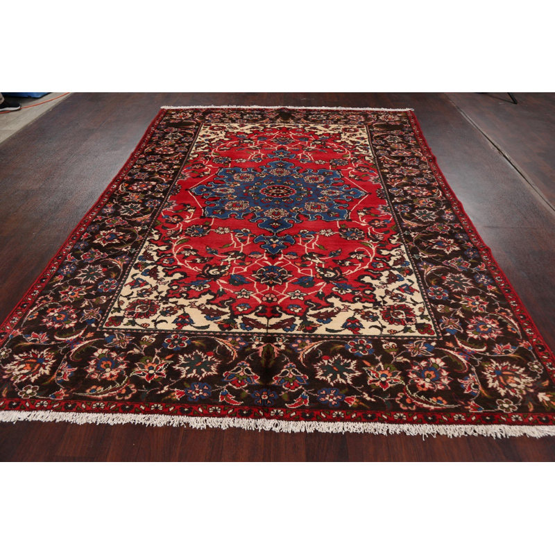 Tapis rouge en laine noué à la main de conception unique 6 pi 10 po x 9 pi 7 po Aaylie