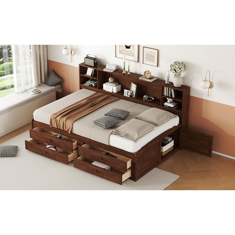 Lit capitaine en bois brun antique avec rangement, 4 tiroirs, 2 armoires pour lit double et tablette de rangement intégrée