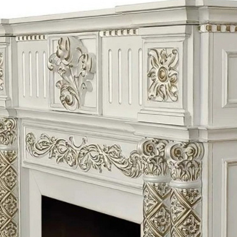 59 Inch Classical Electric Fireplace, Carved, Remote, Antique Pearl