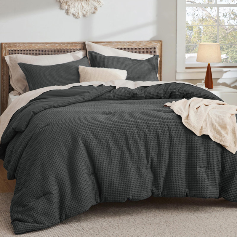 Bedsure Waffle Comforter Set, Charcoal, Queen Comforter + 2 Standard Shams
