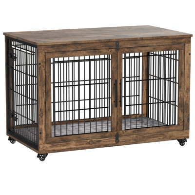 Mobilier de caisse pour chien Dyako, table de bout latérale, chenil Mordern, cage pour chien en bois robuste, niche pour chien, table de bout intérieure, table de chevet, avec coussin et roues, double porte, clôture en fer de 3 mm à 5 mm (dia)