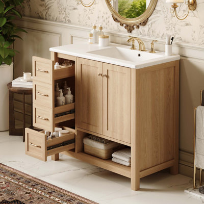 Meuble-lavabo de 91 cm avec lavabo, meuble-lavabo à deux portes et deux tiroirs, bois massif, tablette ouverte, panneaux en MDF, deux colis