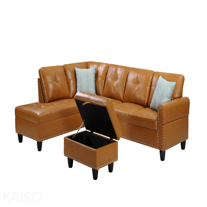 Canapé modulaire en L en similicuir 4 places avec méridienne et repose-pieds Modern Ginger