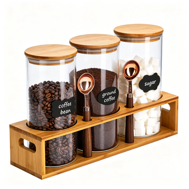 Boîtes à café hermétiques en verre, ensemble de 3 pièces pour le rangement des grains de café de 1,25 litre (44 oz) avec tablette