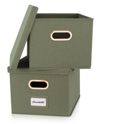 Decorative File Organizer Box Set Of 2 - Collapsible Linen Filing Cabinets W/Handles Are Perfect To Store All Your Documents & Hanging File Folders - Portable Easy Slide File Crates With Lid
