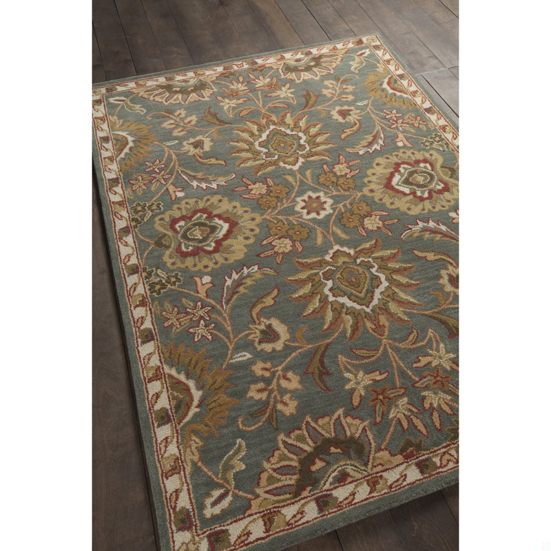 Bartz Authentic Hand-Tufted Handmade Slate Blue, Rust Red & Golden Tan Floral Palmette Wool Area Rug, Rectangle 9'x13'