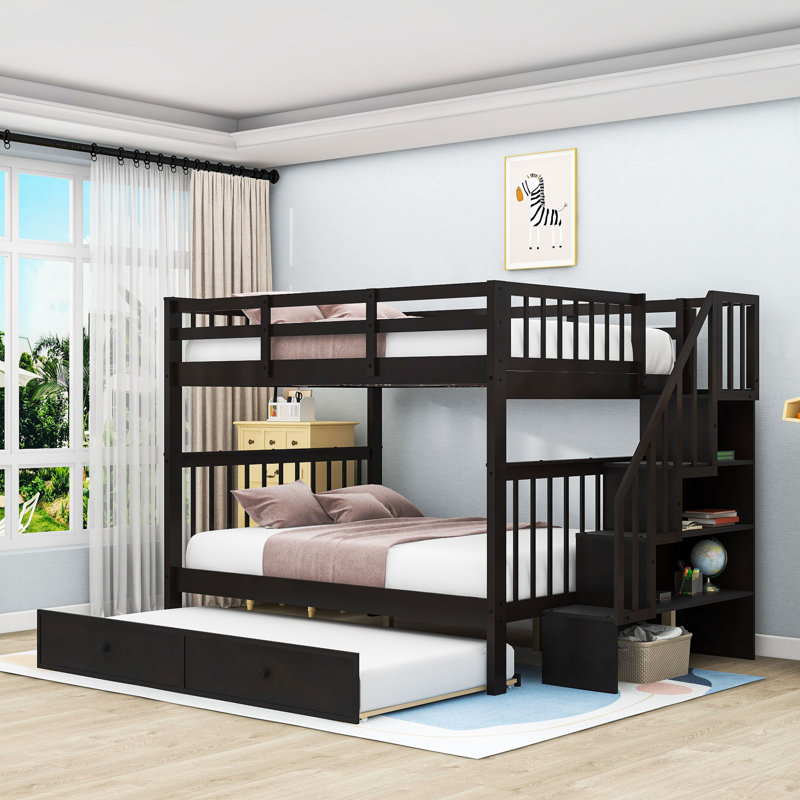 Gular Kids Full Over Full Bunk Bed with Trundle with Drawers, Espresso