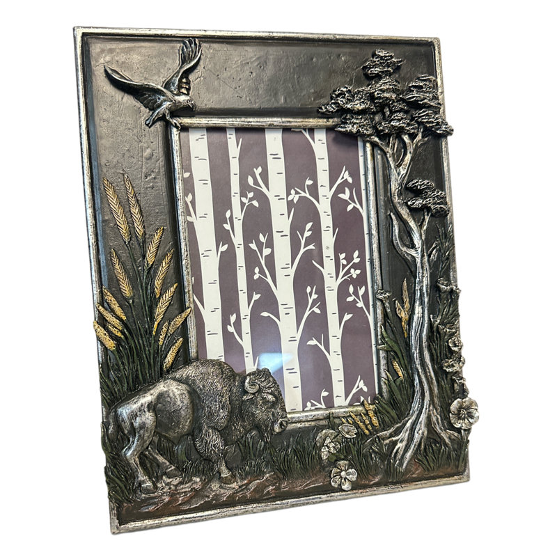 Polyresin Southwestern Plains Buffalo Bison Tree 6” x 4” Standing Photo Picture Frame