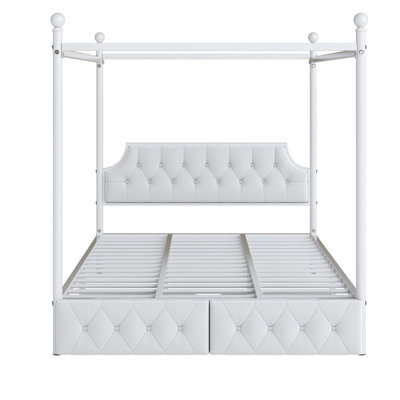 Metal Canopy Platform Bed Queen Size With Upholstered Headboard & 2 Unit , White And Two Storage Pockets,