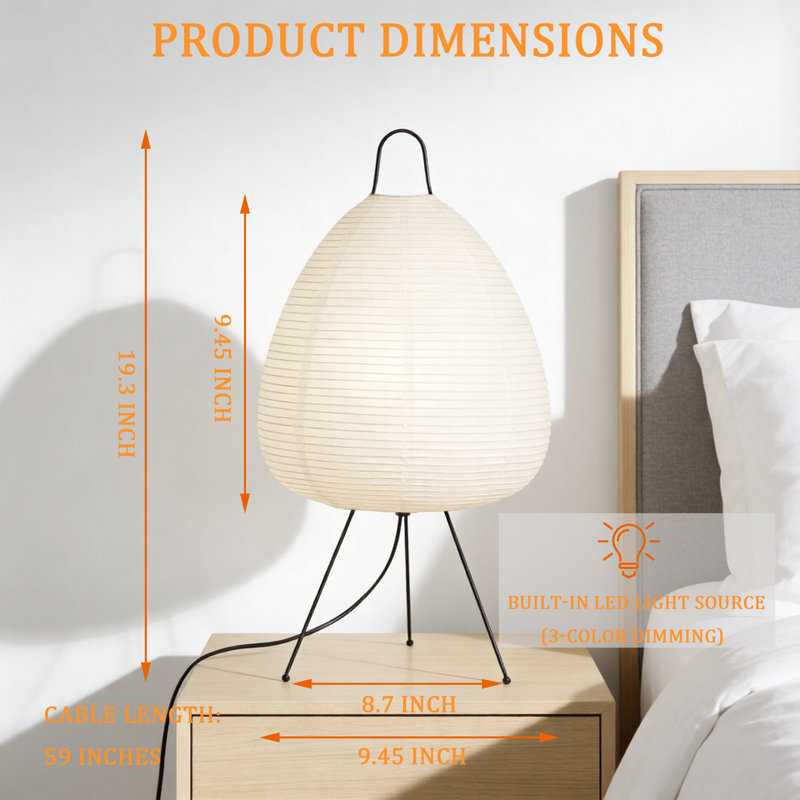 19.3" Rice Paper Lamp, Japanese Paper Table Lamp With Dimmable Bulb