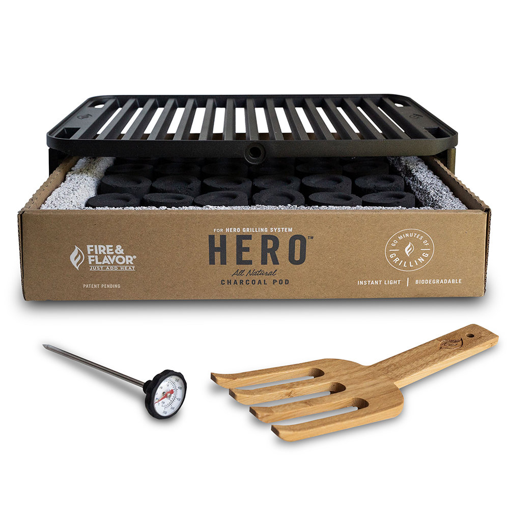Fire & Flavor HERO Grill Kit Ultra-Portable Easy Instant Light Charcoal Grilling for Tailgating Fire & Flavor
