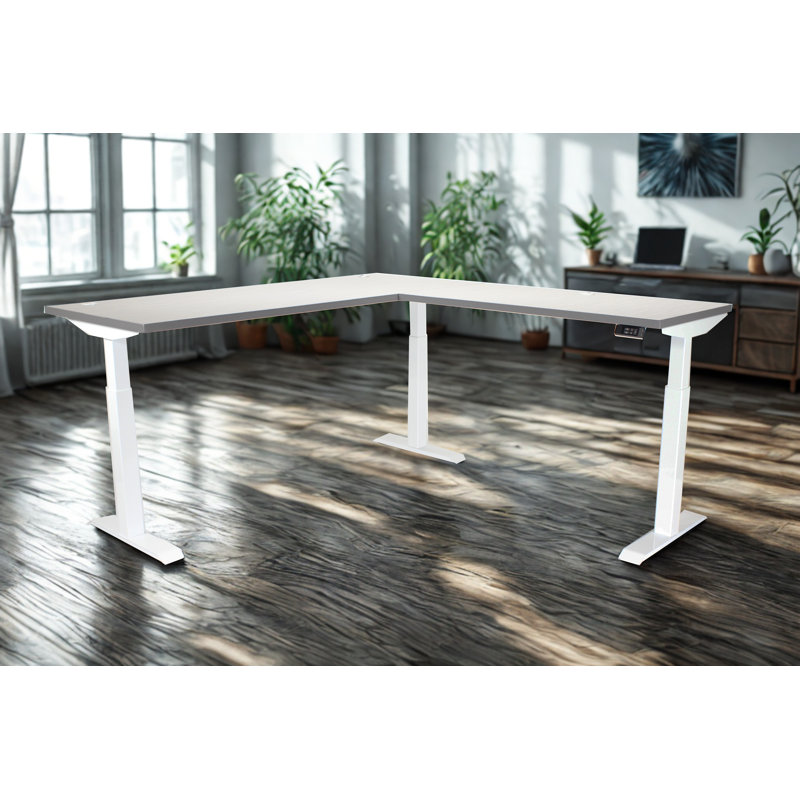 Skyline Electric Height Adjustable 72x30x48x24 L-Shape Standing Desk for Office and Home, Grey Strand Top with White Frame
