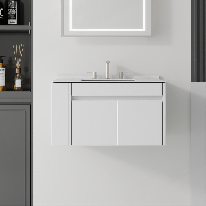Meuble-lavabo suspendu de 91 cm avec lavabo, porte à fermeture amortie, comptoir et dosseret en marbre synthétique blanc de Carrare de 1,5 cm d'épaisseur, contreplaqué