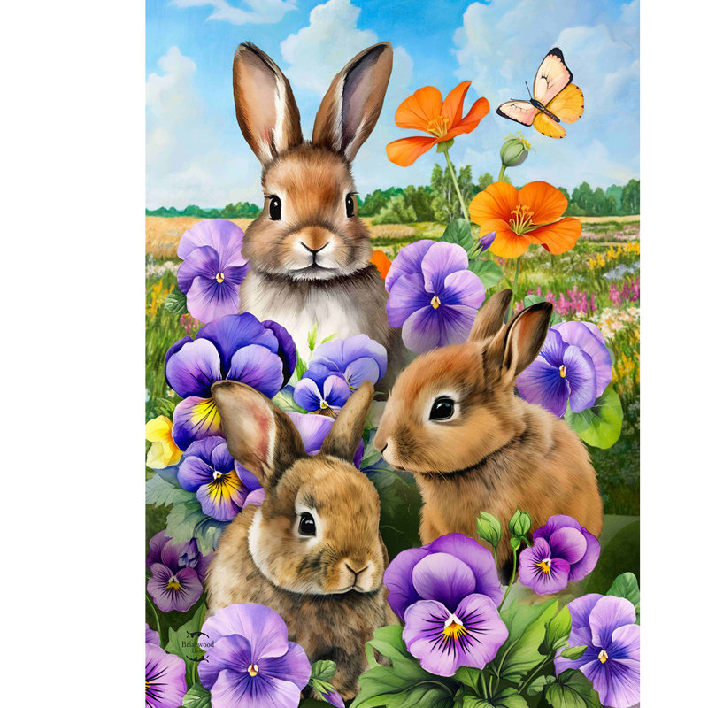 Drapeau de maison Spring Bunny Trio, Lapin brun/violet/orange