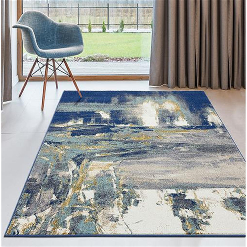 Tapis bleu / beige à motif abstrait Bellicent, Rectangle 5 pi x 7 pi