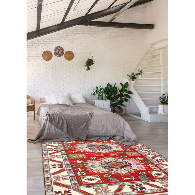 Tapis oriental en laine noué à la main rouge / gris / blanc, Rectangle 5 pi x 8 pi