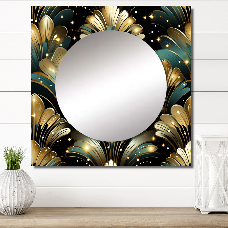 Miroir riche en or et émeraude, 23 po x 23 po