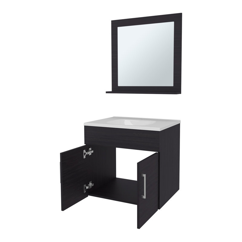  2-Door Floating Bathroom Vanity Set With Sink And Mirror, Wenge