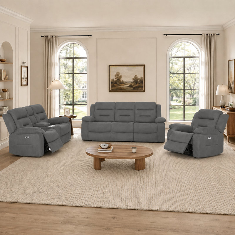 Ensemble de salon inclinable électrique en tissu 3 pièces avec ports de charge USB et USB-C et console de rangement, Gray