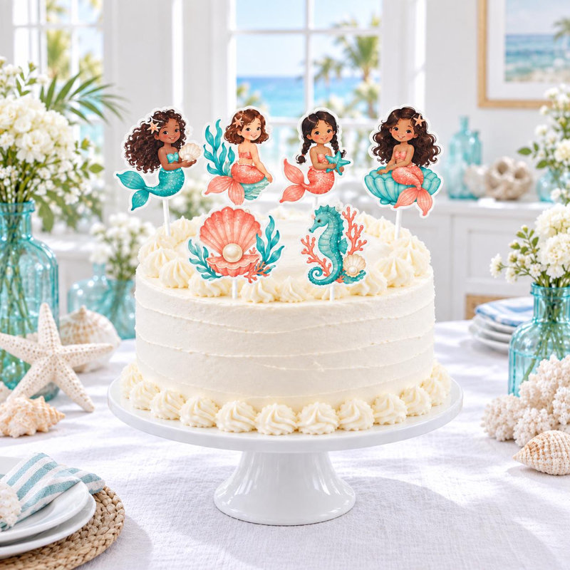 Ensemble de 6 décorations pour gâteau sirène, personnages sirène corail aigue-marine, coquillage perle et hippocampe