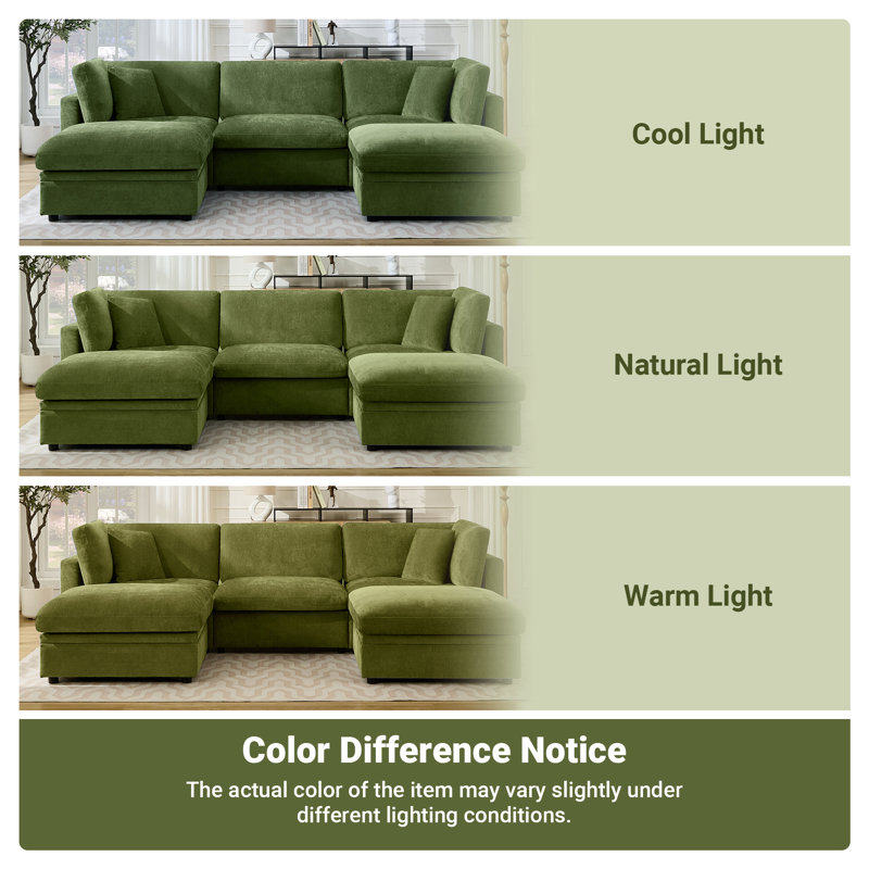 Oversized Down-Filled Modular Sofa With Ottomans, 34.6" H x 154.3" W x 66.9" D, Green
