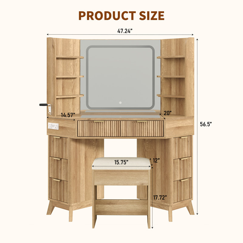 47-Inch Fluted Corner Jamair With Mirror And Lights ,Glass Top 8 Drawers And 6 Shelves Makeup Vanity With Charging Station, 3 Color Lighting Modes, Glass Top Dressing Table With Chair 