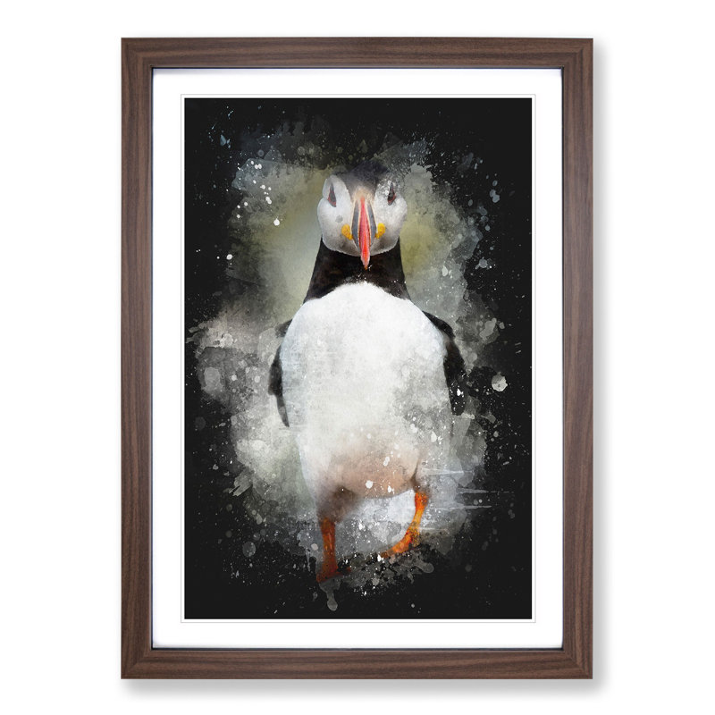 Atlantic Puffin Birds Vol.6 Paint Splash - Picture Frame Graphic Art, 65cm H x 48cm W x 2cm D, Walnut
