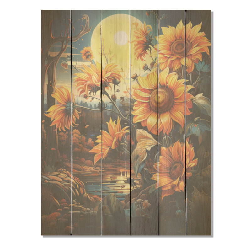 Enchanted Fields Sunflowers I - tournesols, art sur bois de pin naturel, H 40 po x l 30 po