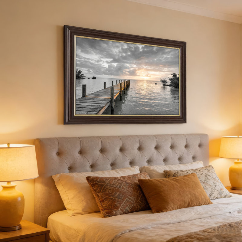 Art mural antique sur toile encadré doré pour le salon, la chambre à coucher, le bureau ou le vestibule - décoration murale décorative avec quai au coucher du soleil