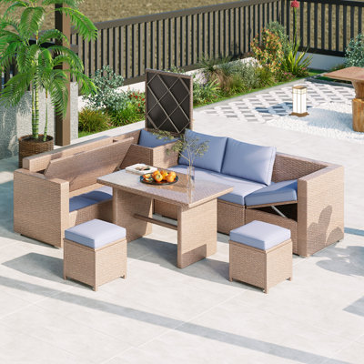 Ensemble de canapé de patio en rotin PE 6 pièces avec sièges réglables, boîte de rangement et table en verre 