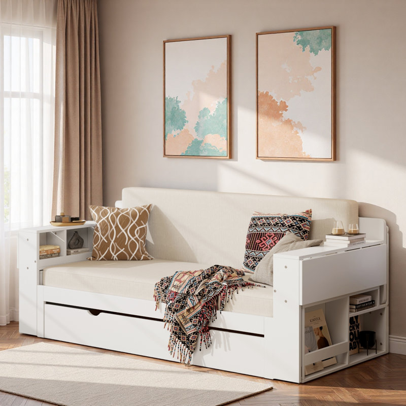 Multifunctional Daybed With Storage Drawer, Open Compartments And Hydraulic Side Table, White