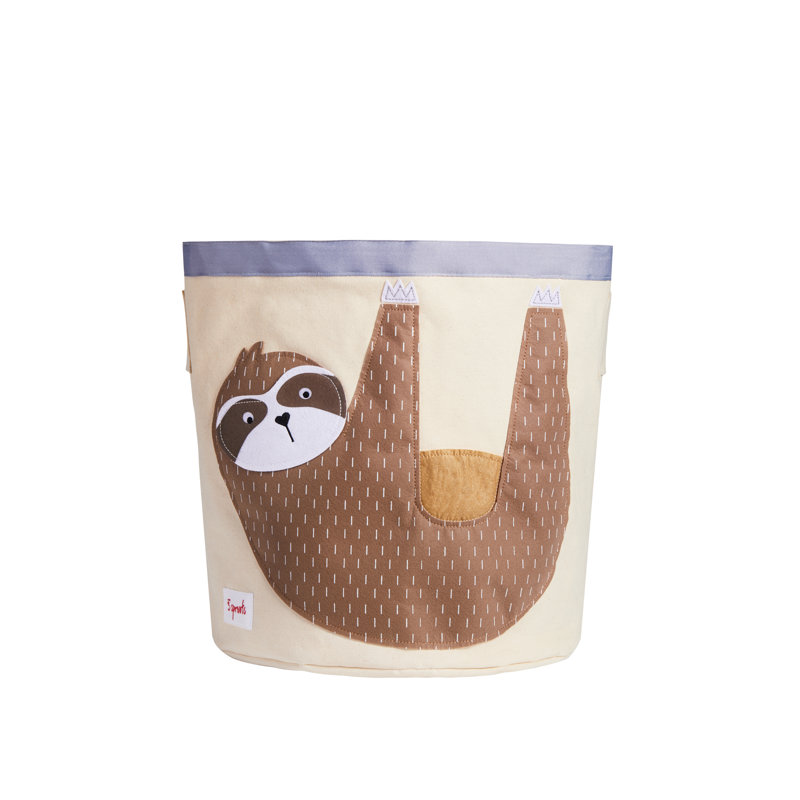 Large Beige and Brown Canvas Kids Toy Storage Basket with Sloth Design