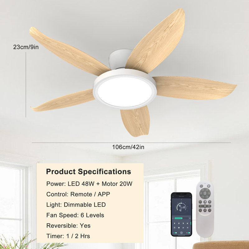 Damekia 42" 5 - Blade Dimmable LED Reversible Ceiling Fan With Light And Remote Control, Natural Wood/White