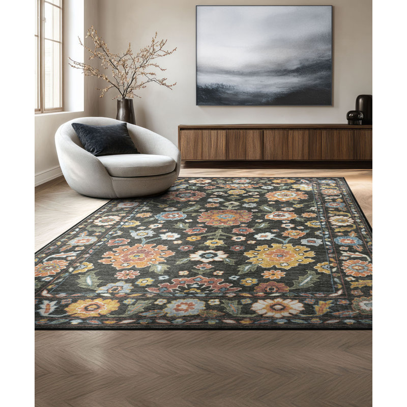 March Traditional Oriental Black Machine Washable Rectangle Area Rug, 5' x 6'11'', Black, Rectangle 5' x 6'11''