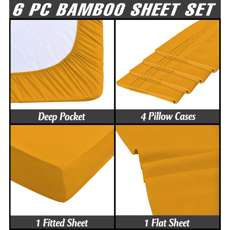 Premium Rayon From Bamboo 6 Pc Sheet Set With Deep Pockets, Cooling, Gold, Queen Sheet Set