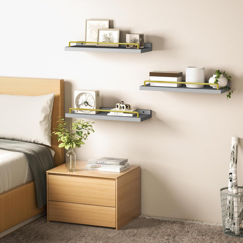 Talissa 3 Piece Wood Floating Shelf, Gold/Gray