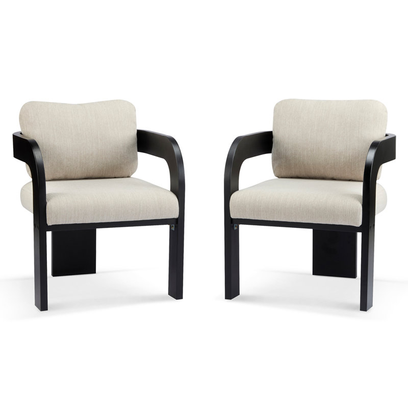 Ensemble de 2 chaises de salle à manger avec structure en bois massif à dossier coussiné, Tissu beige, Noir