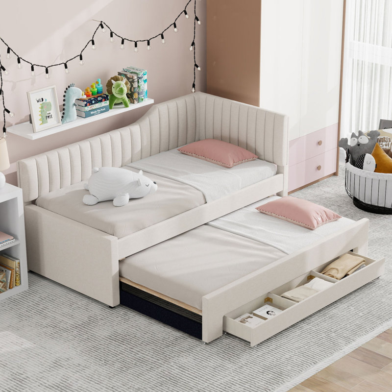 Upholstered Daybed With Trundle And Three Drawers (ETA:4.9), Beige, Twin