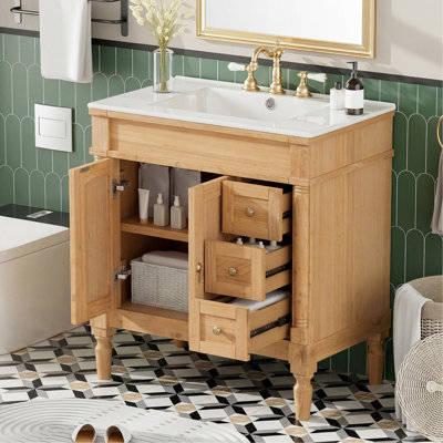 Meuble-lavabo moderne de 30 pouces, structure en bois massif et panneau de fibres à densité moyenne, 2 portes et 3 tiroirs, conception à fermeture en douceur, tablette ajustable en forme de U, lavabo en céramique, ensemble d'armoires de rangement pour salle de bain, conception moderne et élégante