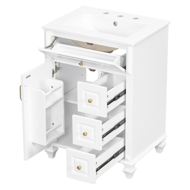 Meuble-lavabo de salle de bain avec lavabo et rangement polyvalent, Blanc, 24