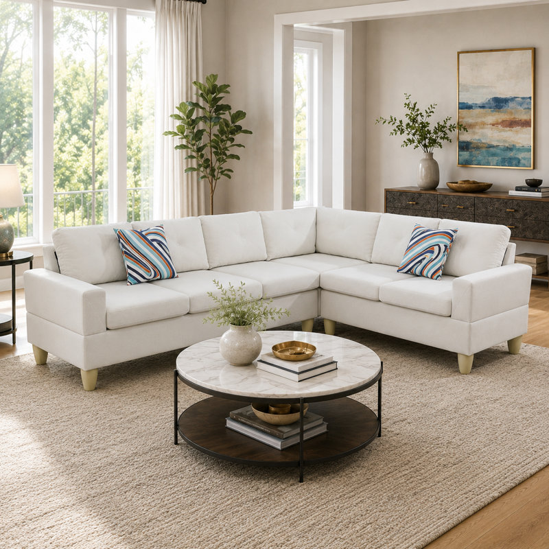 Canapé modulaire 4 pièces avec méridienne réversible et coussins décoratifs 4 pièces, Blanc