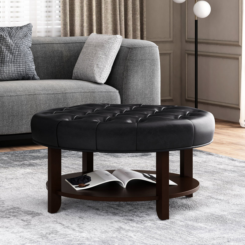 Élégante ronde en noir, avec similicuir et tablette ouverte pour la décoration, 31,9 po x 16,91, Noir