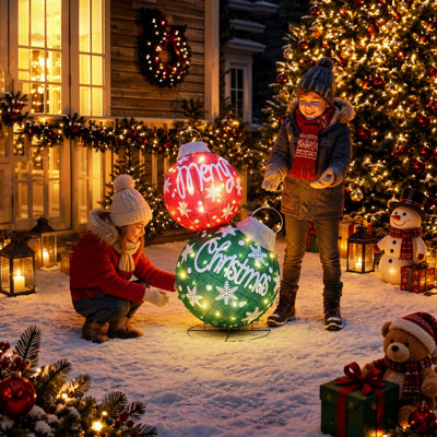 Large Lighted Pop-Up Stackable Christmas Ball Ornaments, 3D Collapsible Pre-Lit LED Holiday Decor with Base and Remote Control