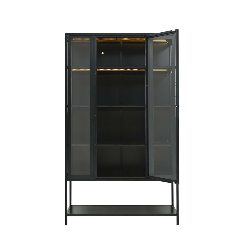 Modern Steel Display Cabinet with 3-Sided Glass and Integrated LED Lighting, Black
