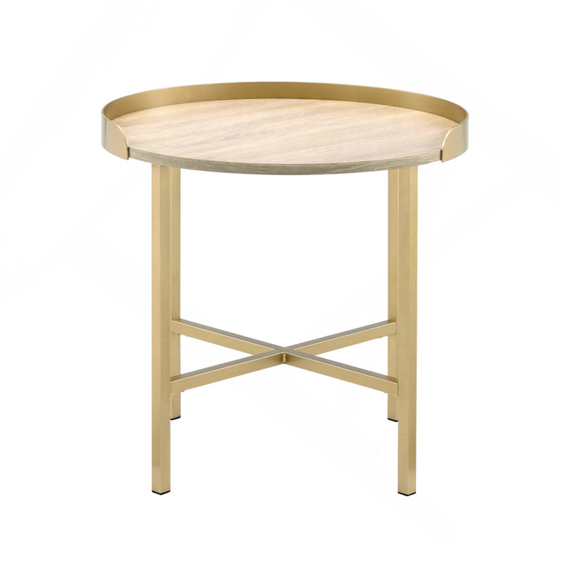 Table de bout ronde avec plateau, chêne et or