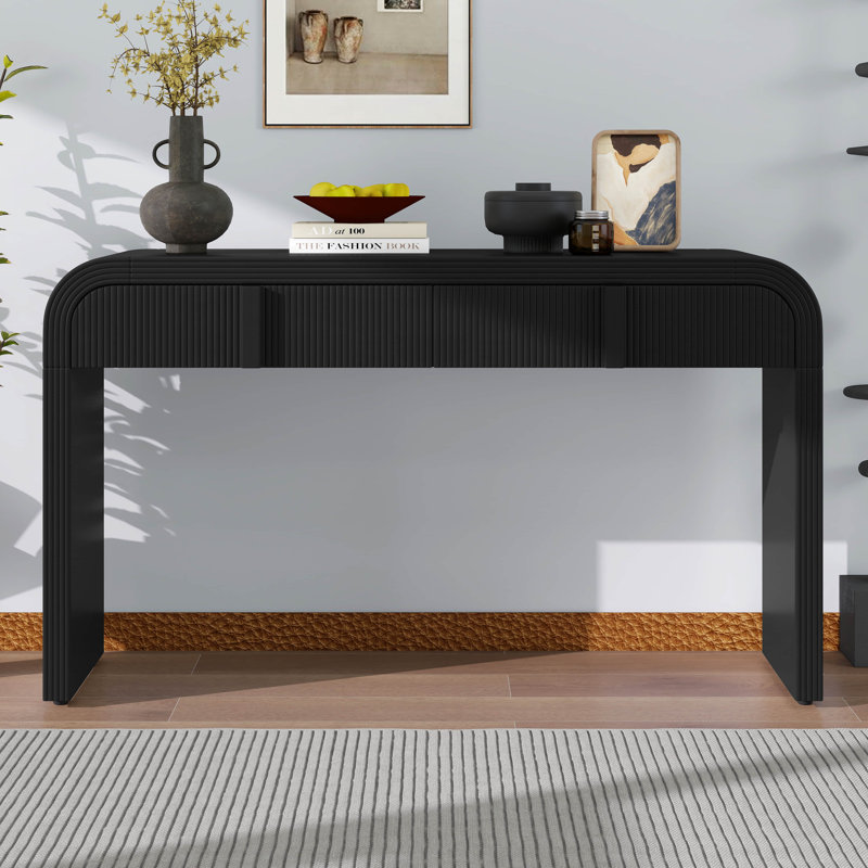 Console avec 2 tiroirs rainurés, tables de canapé modernes avec des courbes arrondies uniques et une surface lisse, Black