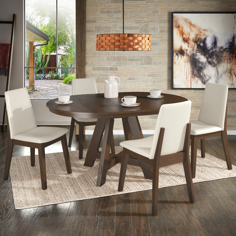 Brookins 42"-60" Extendable Round Dining Set With Vegan Leather Upholstered Chairs, Walnut