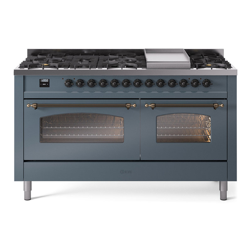 ILVE Nostalgie II Series 60 inch Dual Fuel Range with 9 Sealed Burners, Griddle (Glass Door), Blue/Gray/Bronze, Natural Gas