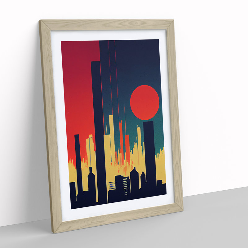 A City Skyline Sunset No.3 Abstract - Wall Art, 34cm H x 25cm W x 2cm D, Oak Framed